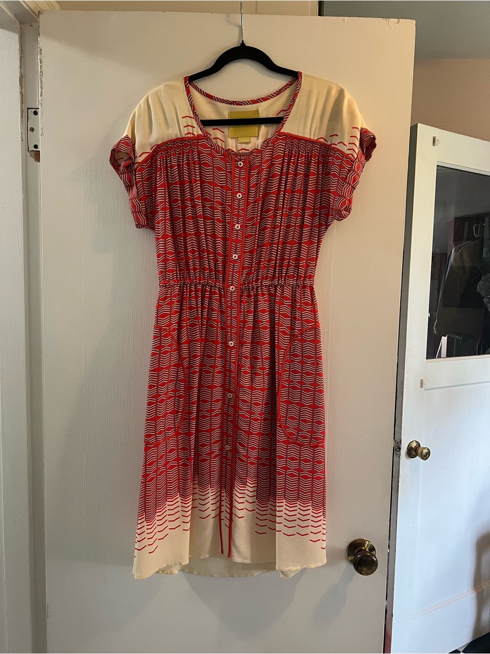 Anthropology Maeve Red and Cream Patterned Button-Front Midi Dress